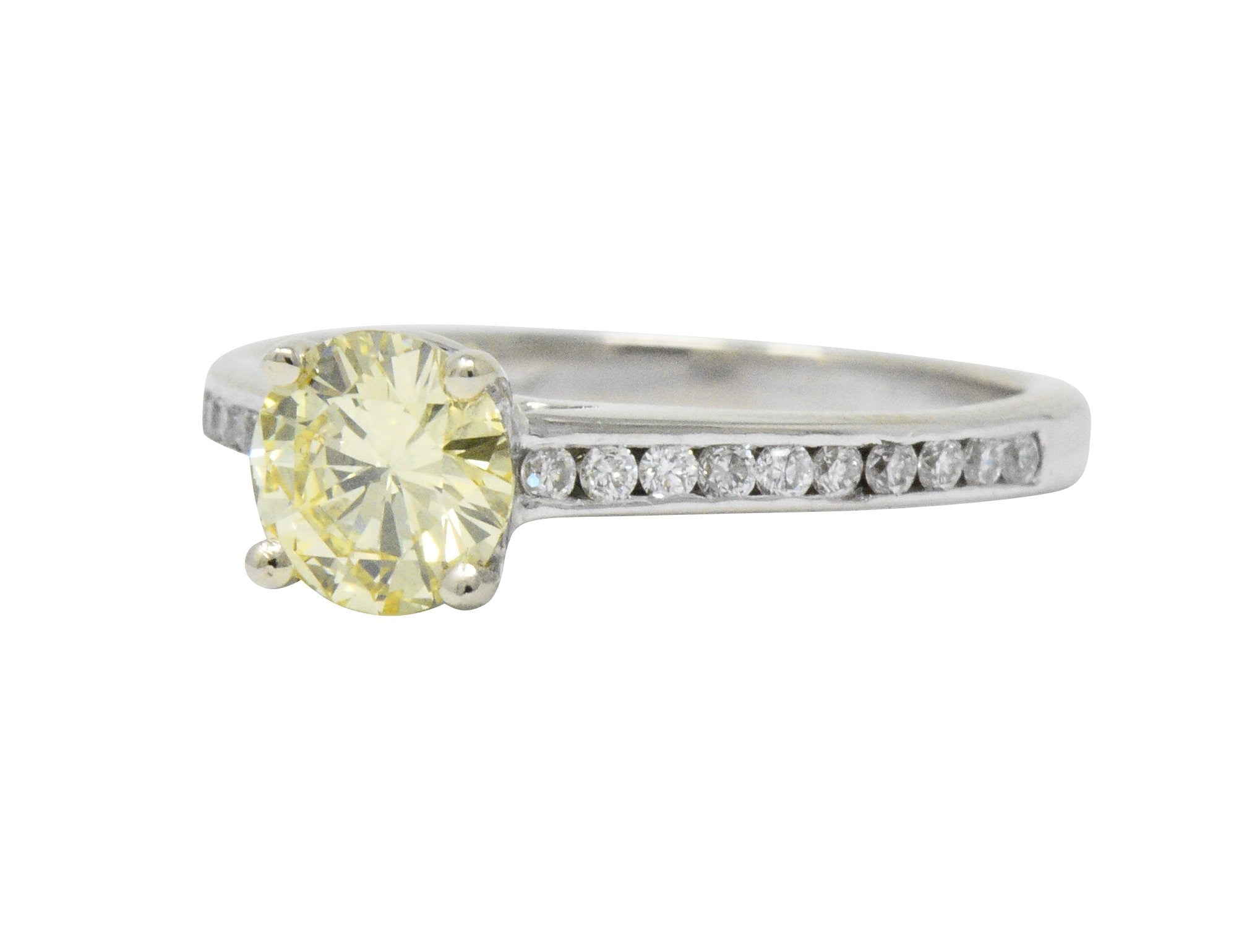 Contemporary 0.79 CTW Fancy Yellow Diamond 14 Karat White Gold Engagement Ring GIA Wilson's Estate Jewelry
