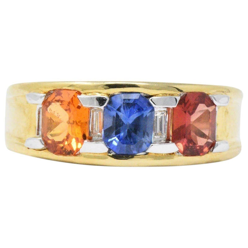 Contemporary 1.80 CTW Tri-Color Sapphire Diamond 18 Karat Gold Unisex Ring Wilson's Estate Jewelry