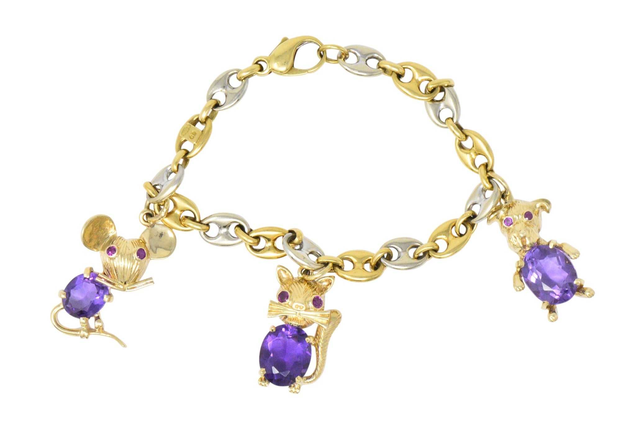 Contemporary 10.70 CTW Amethyst Two-Tone Gold Animal Charm Bracelet Wilson's Estate Jewelry