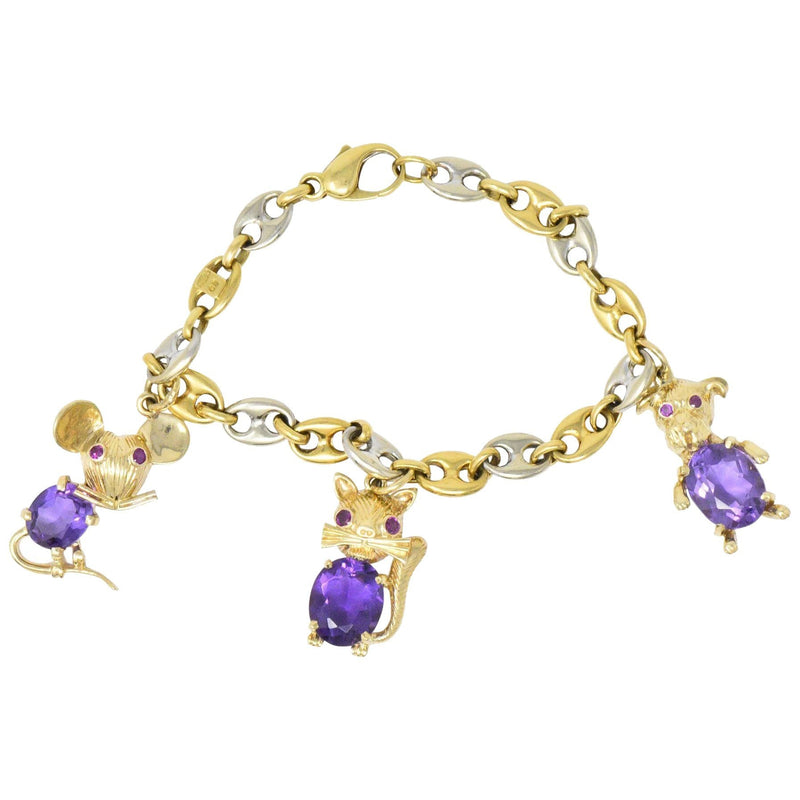 Contemporary 10.70 CTW Amethyst Two-Tone Gold Animal Charm Bracelet Wilson's Estate Jewelry