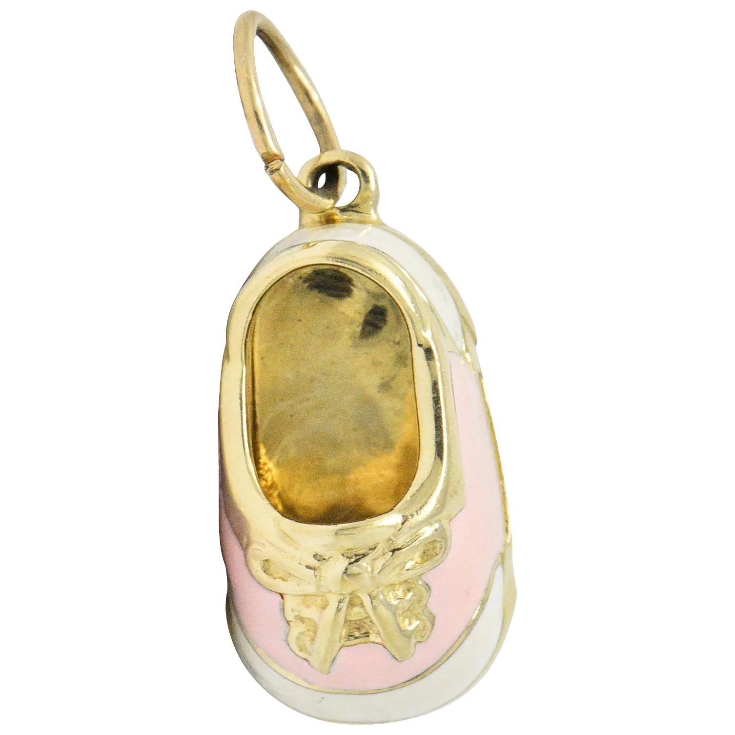 Contemporary 14 Karat Gold Pink Cream Enamel Saddle Shoe Charm Wilson's Estate Jewelry
