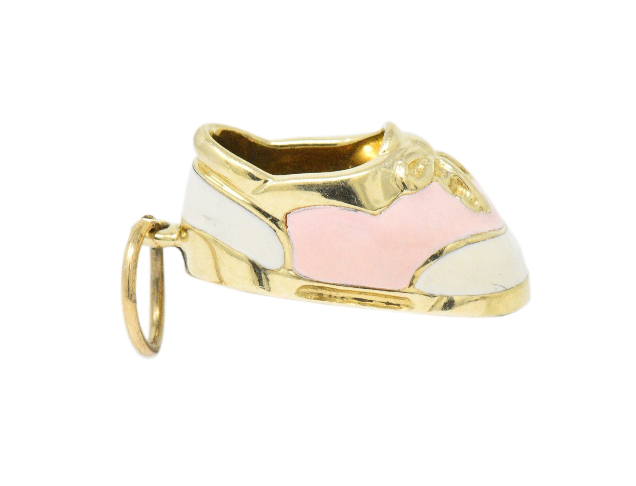 Contemporary 14 Karat Gold Pink Cream Enamel Saddle Shoe Charm Wilson's Estate Jewelry