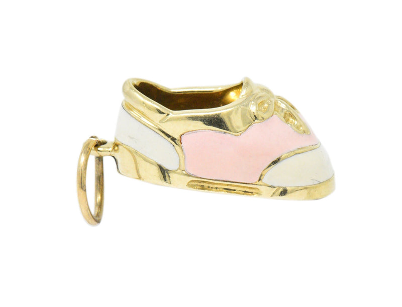 Contemporary 14 Karat Gold Pink Cream Enamel Saddle Shoe Charm Wilson's Estate Jewelry
