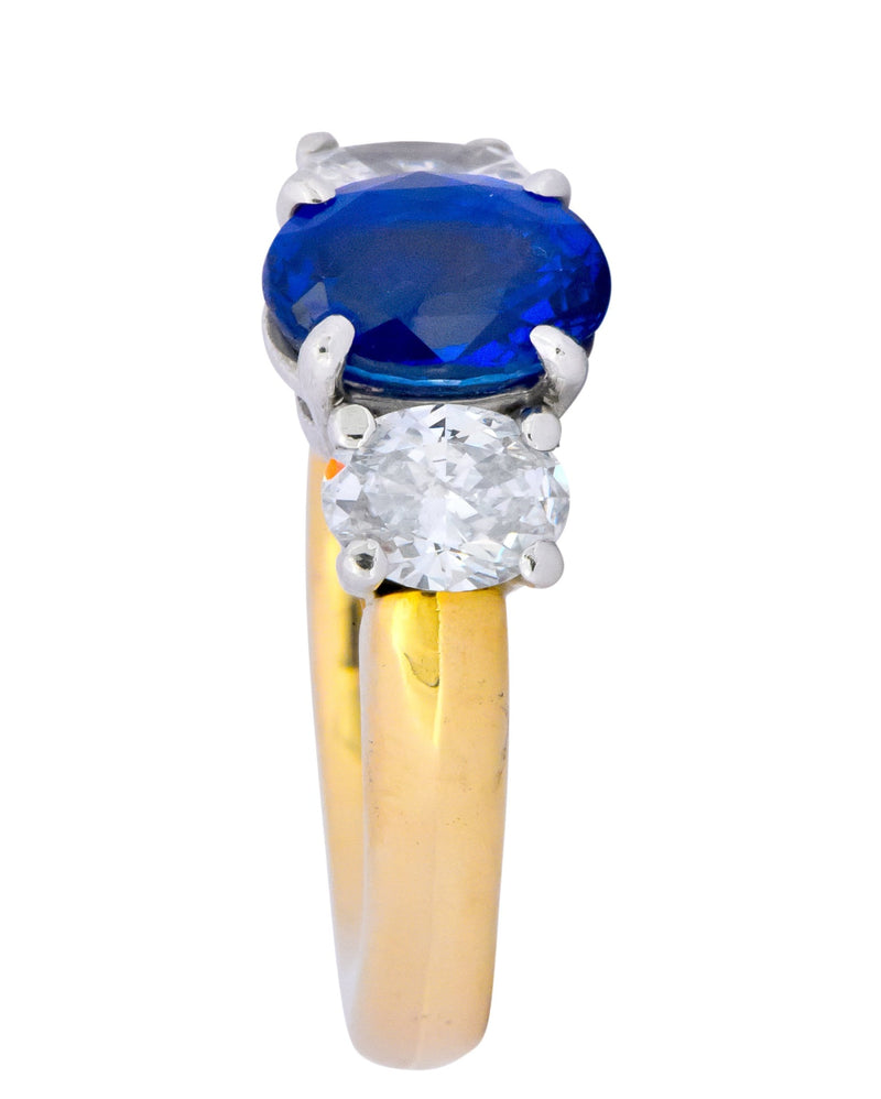 Contemporary 3.94 CTW Diamond Sapphire Platinum 14 Karat Gold Three Stone Ring GIA - Wilson's Estate Jewelry