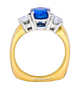 Contemporary 3.94 CTW Diamond Sapphire Platinum 14 Karat Gold Three Stone Ring GIA - Wilson's Estate Jewelry