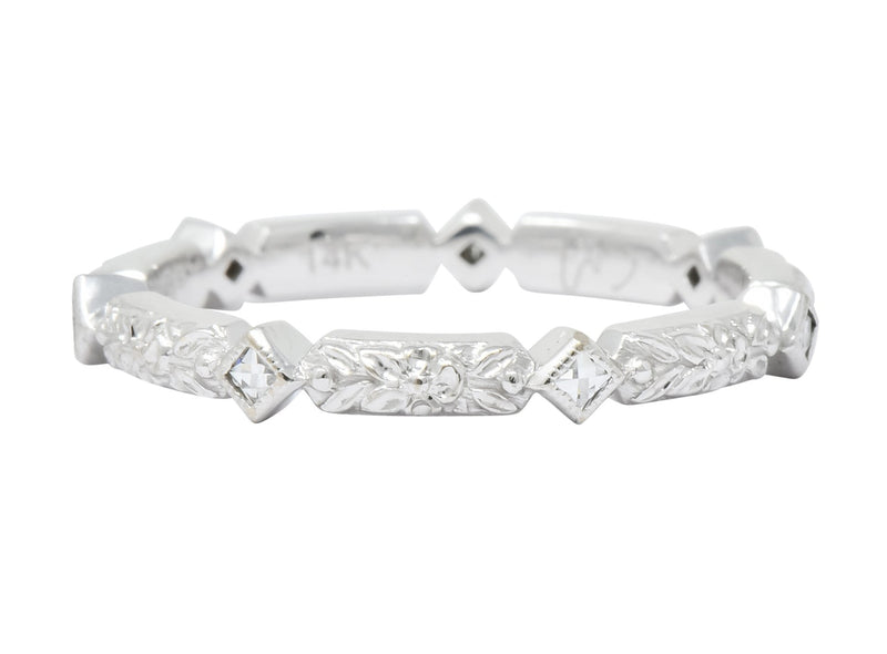 Contemporary Checkerboard French Cut Diamond 14 Karat White Gold Floral Band Ring - Wilson's Estate Jewelry