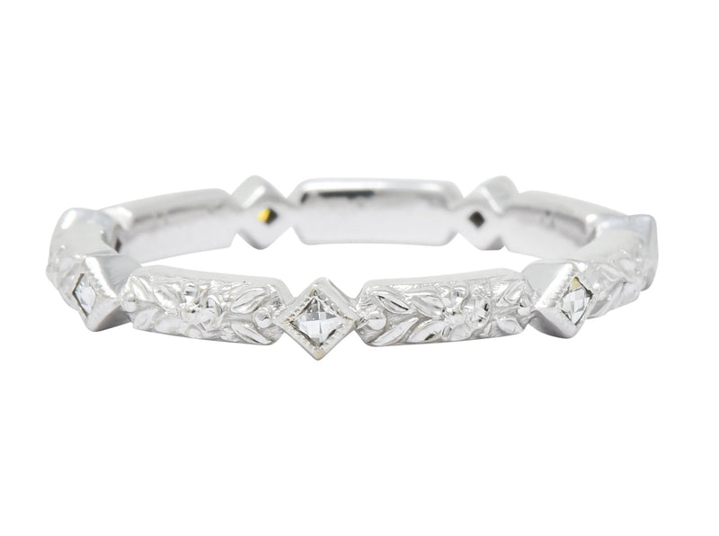 Contemporary Checkerboard French Cut Diamond 14 Karat White Gold Floral Band Ring - Wilson's Estate Jewelry