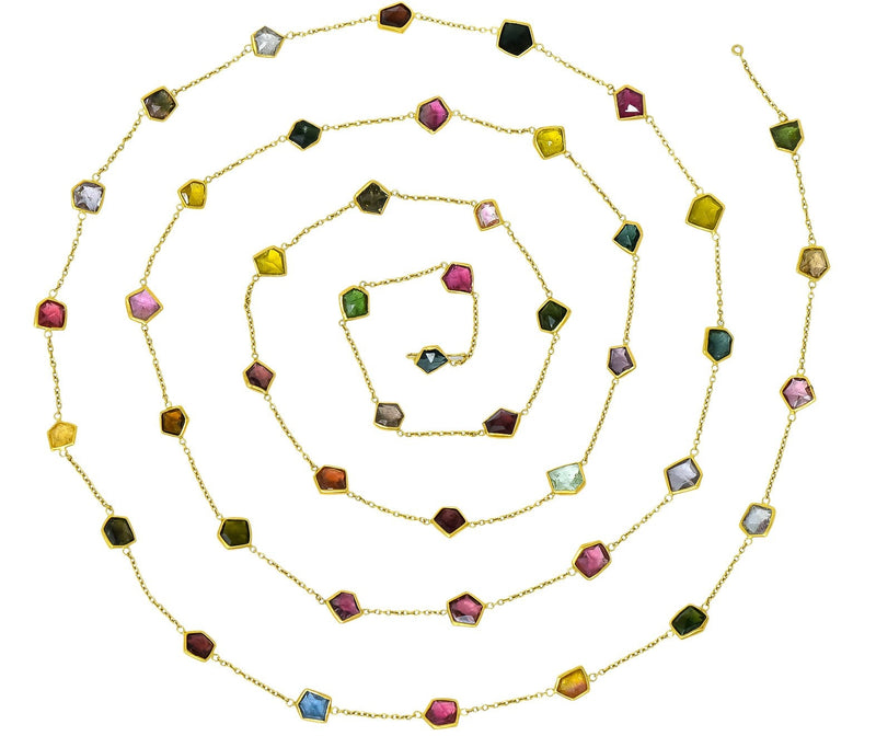 Contemporary Fancy Colored Tourmaline 18 Karat Yellow Gold Long Station Necklace - Wilson's Estate Jewelry