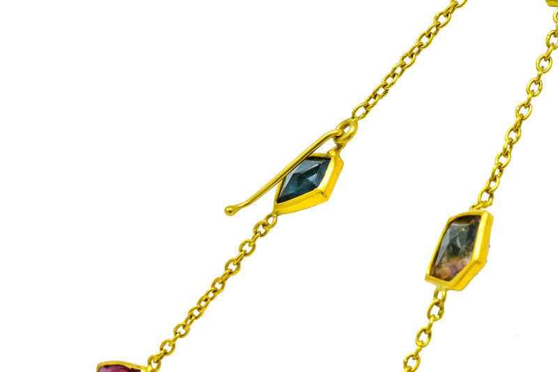 Contemporary Fancy Colored Tourmaline 18 Karat Yellow Gold Long Station Necklace - Wilson's Estate Jewelry