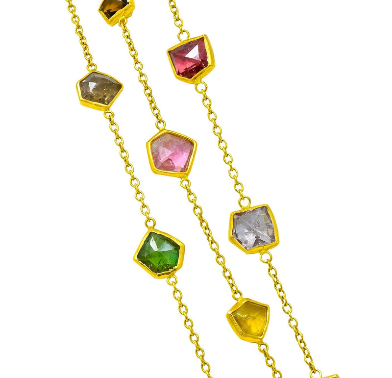 Contemporary Fancy Colored Tourmaline 18 Karat Yellow Gold Long Station Necklace - Wilson's Estate Jewelry