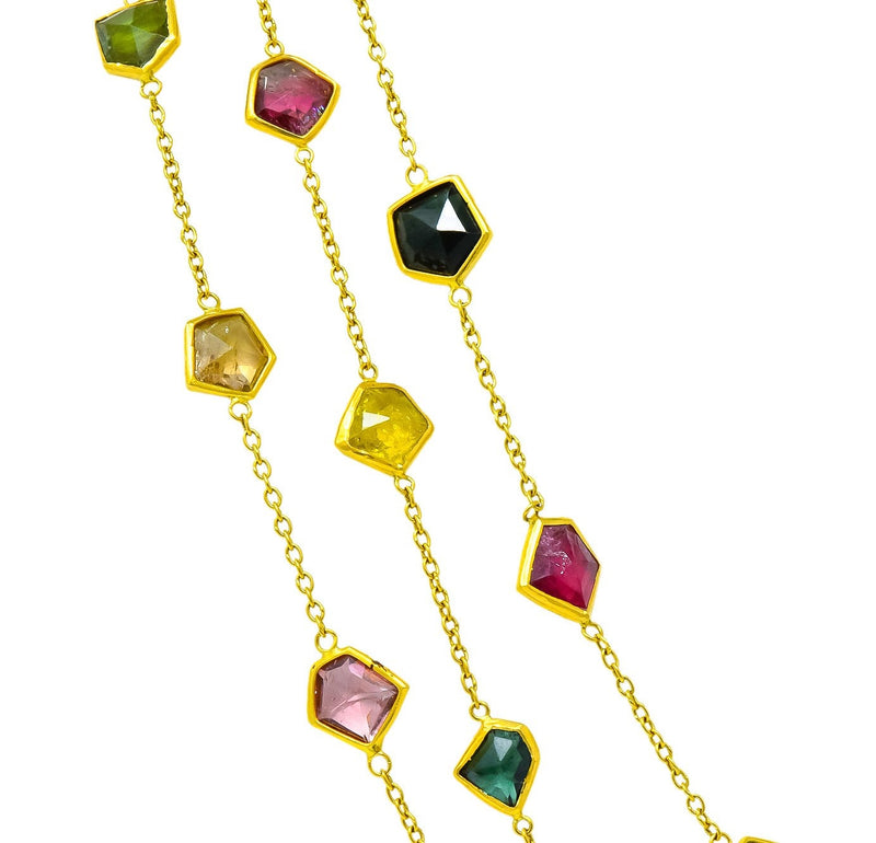 Contemporary Fancy Colored Tourmaline 18 Karat Yellow Gold Long Station Necklace - Wilson's Estate Jewelry