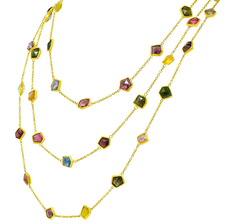 Contemporary Fancy Colored Tourmaline 18 Karat Yellow Gold Long Station Necklace - Wilson's Estate Jewelry