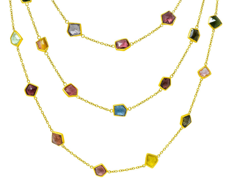Contemporary Fancy Colored Tourmaline 18 Karat Yellow Gold Long Station Necklace - Wilson's Estate Jewelry