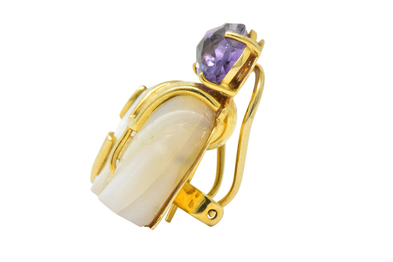Contemporary Mother-Of-Pearl Amethyst Diamond 18 Karat Gold Elephant Earrings Wilson's Estate Jewelry