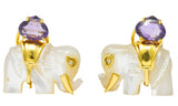 Contemporary Mother-Of-Pearl Amethyst Diamond 18 Karat Gold Elephant Earrings Wilson's Estate Jewelry