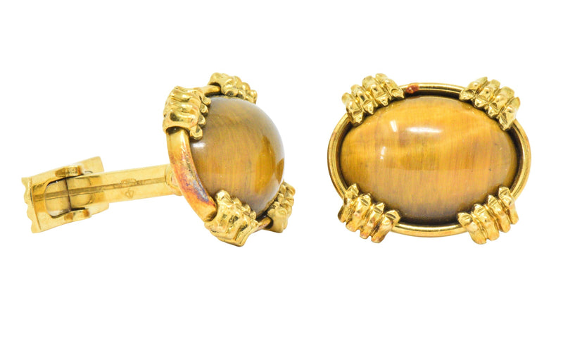 Vintage Tiger's Eye Cabochon 18 Karat Gold Clawed Men's Cufflinks Wilson's Estate Jewelry