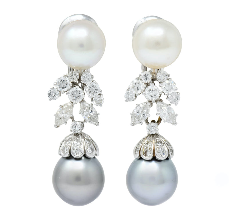 David Webb 2.40 CTW Diamond Cultured Pearl Drop Ear-Clip Earrings - Wilson's Estate Jewelry