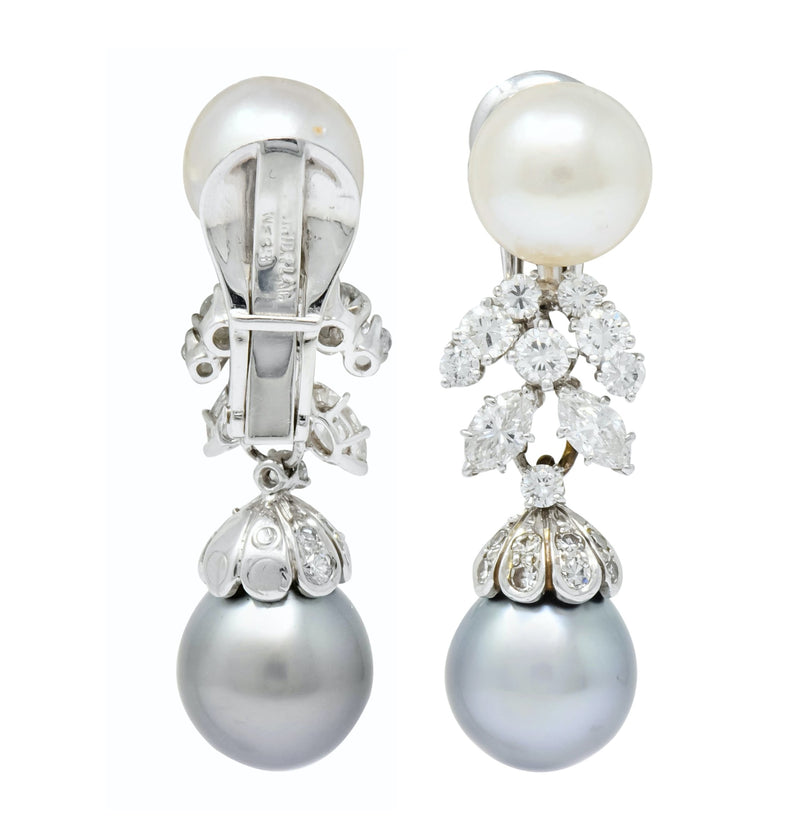 David Webb 2.40 CTW Diamond Cultured Pearl Drop Ear-Clip Earrings - Wilson's Estate Jewelry