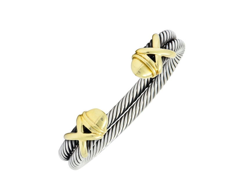 David Yurman 14 Karat Gold Sterling Silver Double Row Cable Cuff Bracelet - Wilson's Estate Jewelry