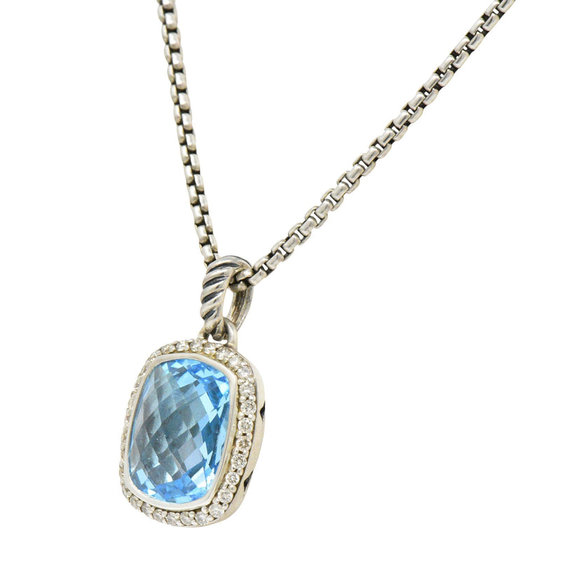 David Yurman Blue Topaz Diamond Albion Sterling Silver Pendant Necklace Wilson's Estate Jewelry