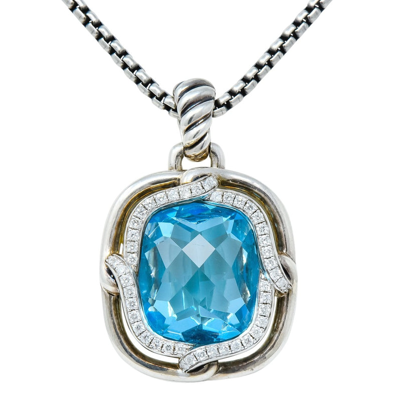 David Yurman Blue Topaz Diamond Sterling Silver 14 Karat Gold Labyrinth Enhancer Necklace - Wilson's Estate Jewelry