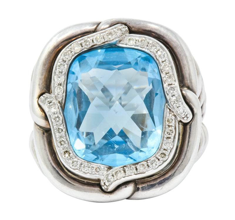 David Yurman Blue Topaz Diamond Sterling Silver 14 Karat Gold Labyrinth Ring - Wilson's Estate Jewelry