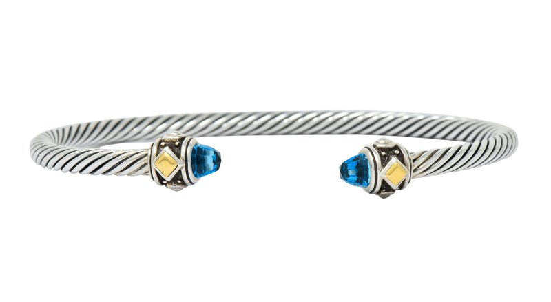 David Yurman Blue Topaz Sterling Silver 18 Karat Gold Renaissance Cable Cuff Bracelet - Wilson's Estate Jewelry
