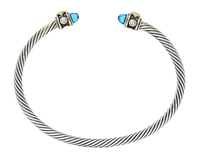 David Yurman Blue Topaz Sterling Silver 18 Karat Gold Renaissance Cable Cuff Bracelet - Wilson's Estate Jewelry