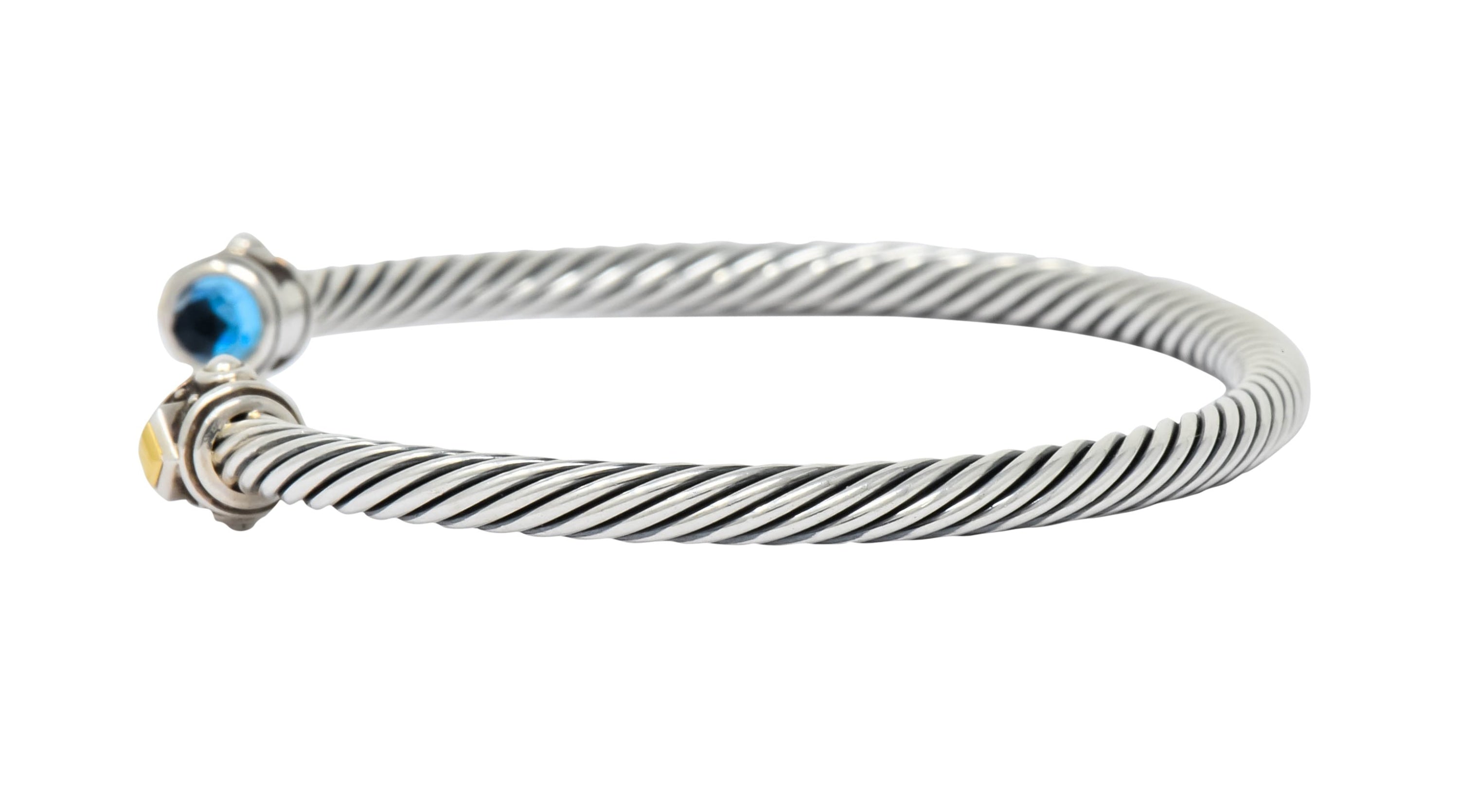 David Yurman Blue Topaz Sterling Silver 18 Karat Gold Renaissance Cable Cuff Bracelet - Wilson's Estate Jewelry