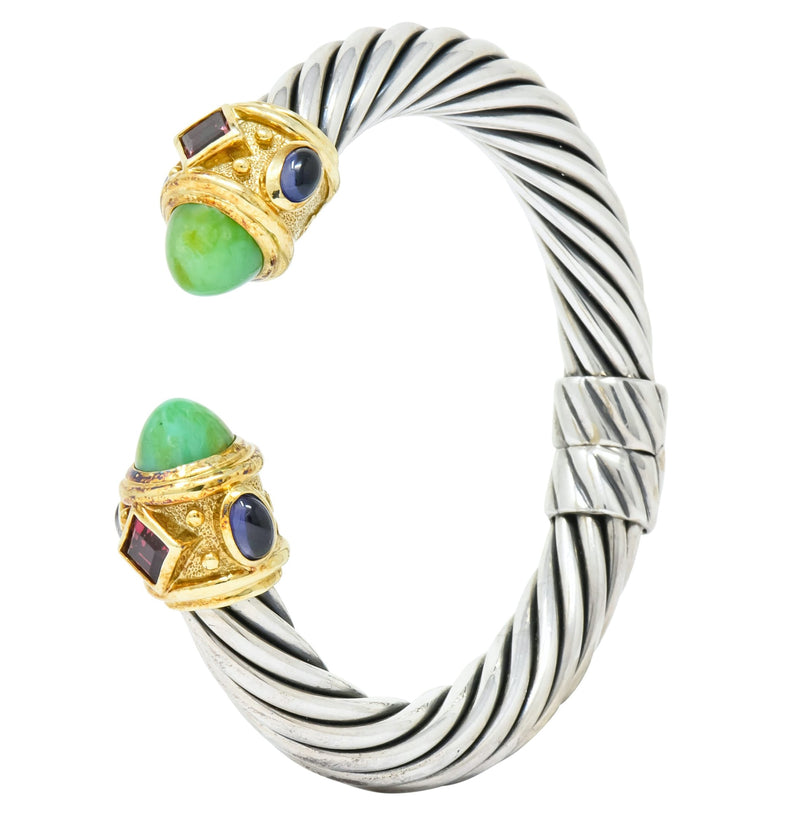 David Yurman Chrysoprase Iolite Garnet 14 Karat Gold Sterling Silver Renaissance Cuff Bracelet - Wilson's Estate Jewelry