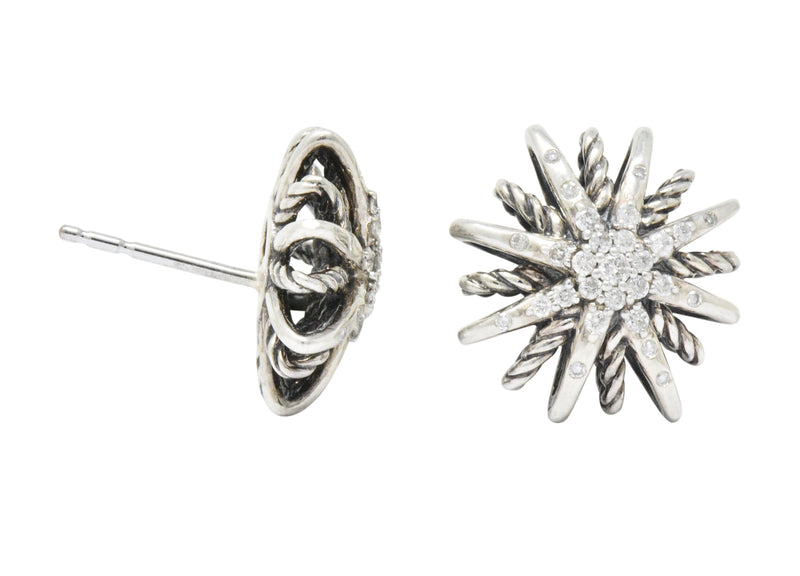 David Yurman Diamond Sterling Silver Starburst Earrings Wilson's Estate Jewelry