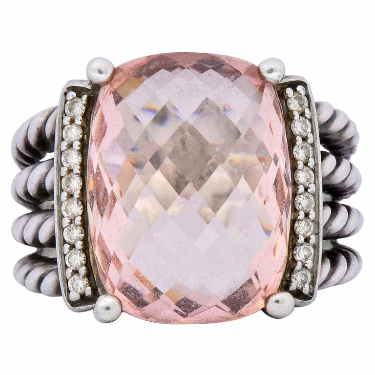 David Yurman Morganite Diamond Sterling Silver Large Cable Ring - Wilson's Estate Jewelry