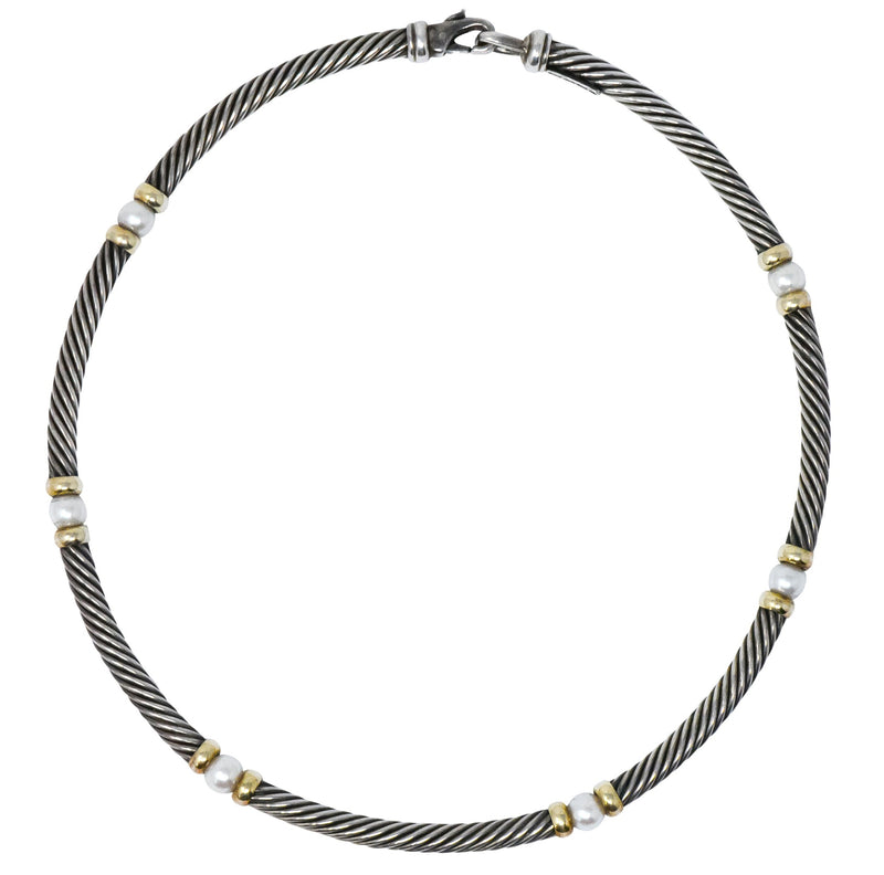 David Yurman Round Pearl Sterling Silver 14 Karat Gold Hampton Cable Necklace - Wilson's Estate Jewelry