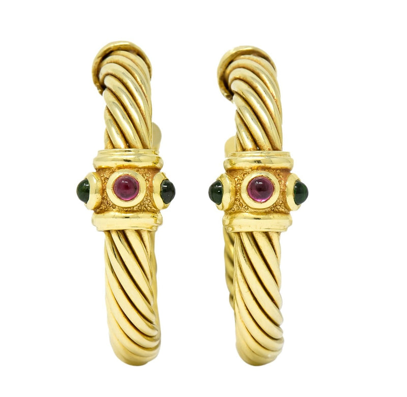 David Yurman Tourmaline Rhodolite Garnet 14 Karat Yellow Gold Hoop Earrings - Wilson's Estate Jewelry