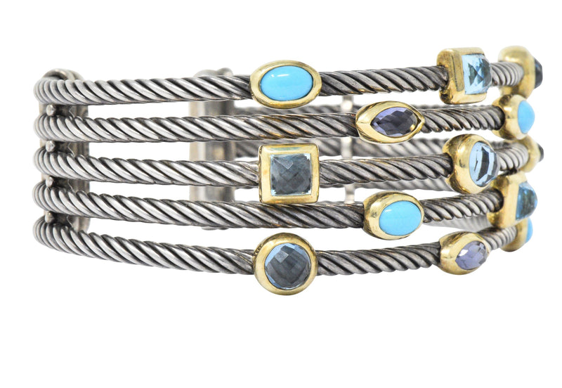 David Yurman Turquoise Blue Topaz Iolite Sterling Silver 18 Karat Gold Confetti Cuff Bracelet Wilson's Estate Jewelry