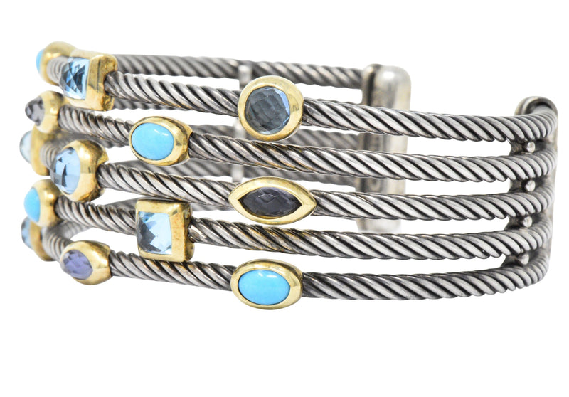 David Yurman Turquoise Blue Topaz Iolite Sterling Silver 18 Karat Gold Confetti Cuff Bracelet Wilson's Estate Jewelry