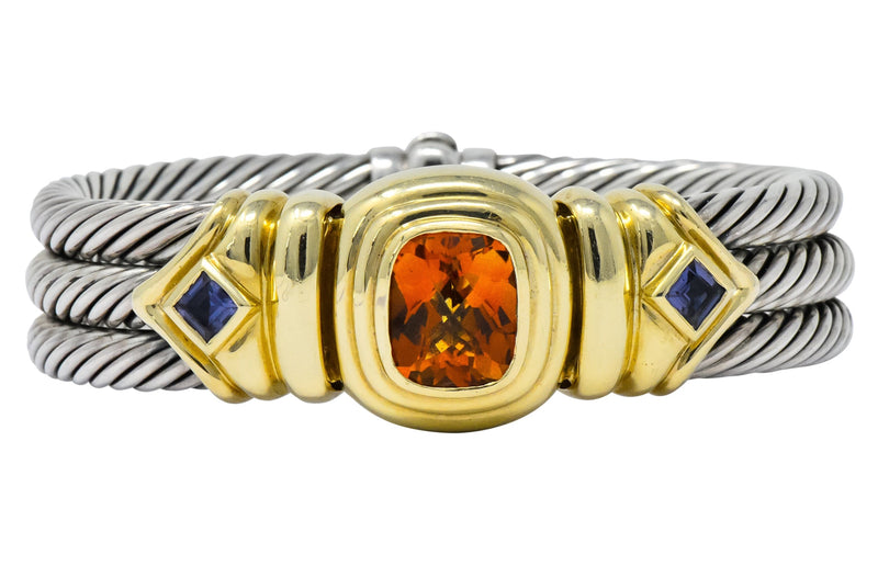 David Yurman Vintage Citrine Iolite Sterling Silver 14 Karat Gold Triple Cable Bracelet - Wilson's Estate Jewelry