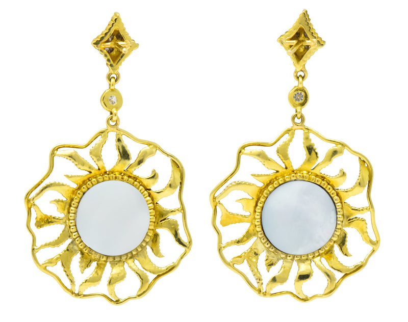 Doris Panos Diamond Mother-Of-Pearl 18 Karat Gold Sunburst Drop Earrings Wilson's Estate Jewelry