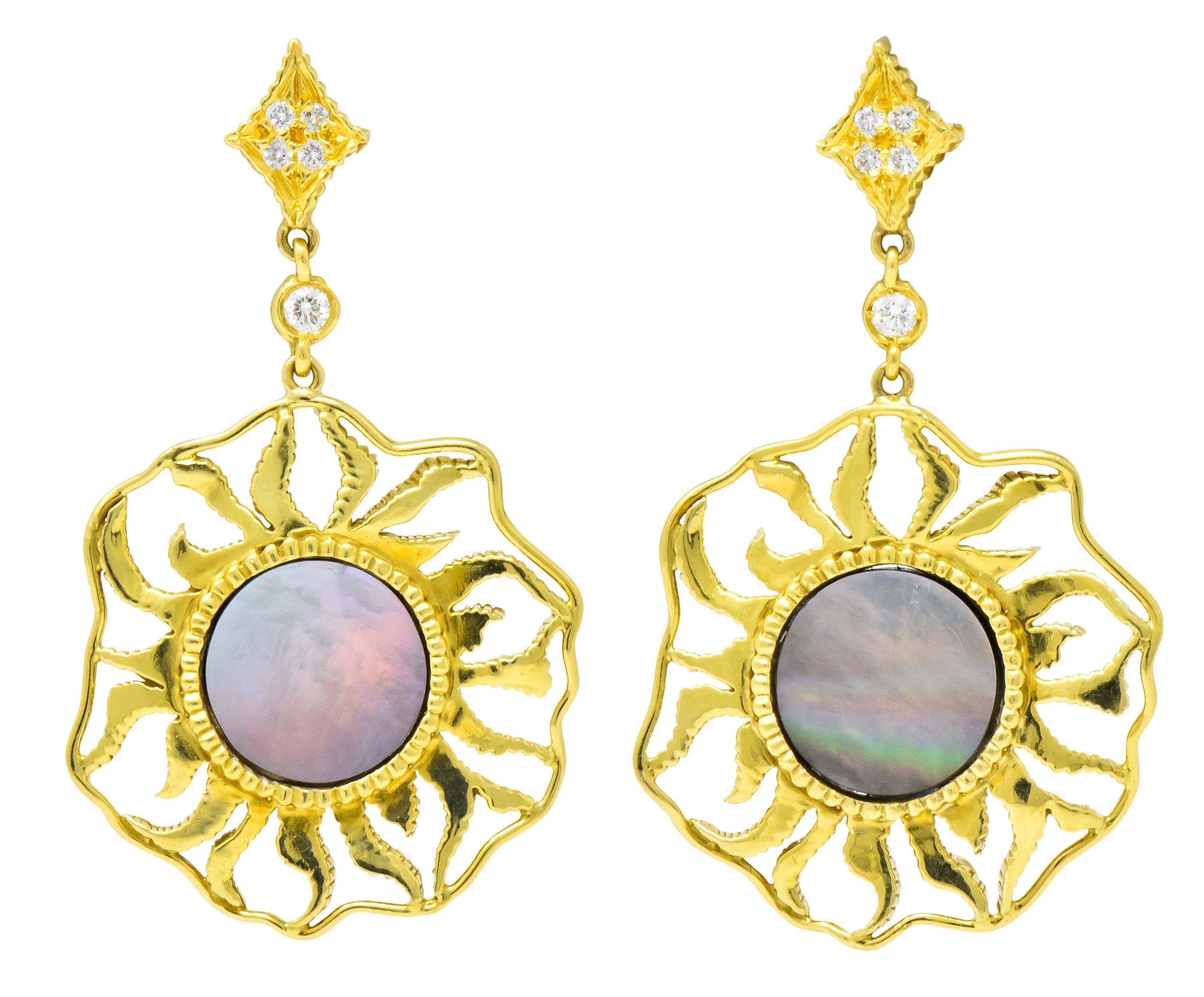 Doris Panos Diamond Mother-Of-Pearl 18 Karat Gold Sunburst Drop Earrings Wilson's Estate Jewelry