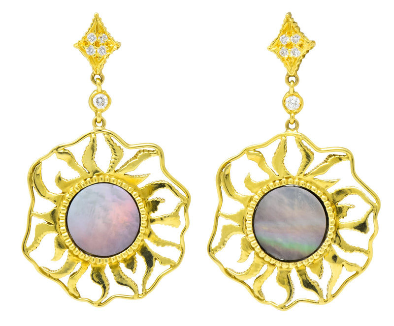 Doris Panos Diamond Mother-Of-Pearl 18 Karat Gold Sunburst Drop Earrings Wilson's Estate Jewelry