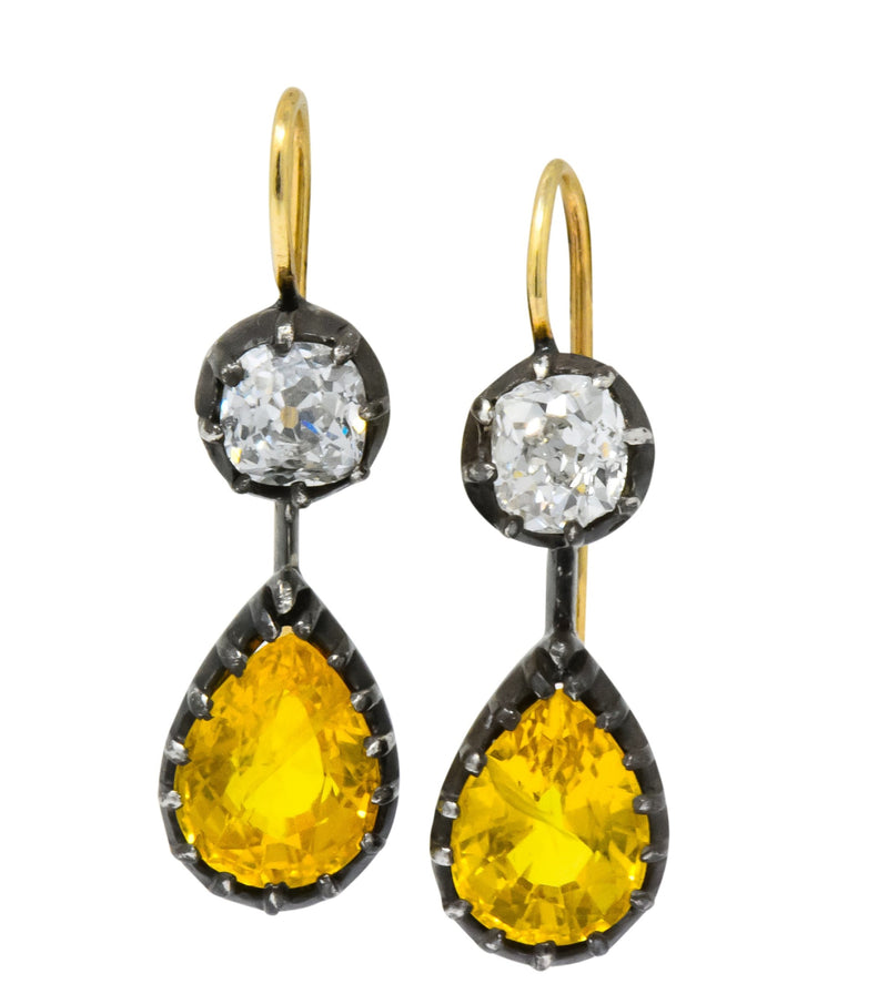 Early Victorian 1840's 5.30 CTW Sapphire Diamond Silver Gold Drop Earrings - Wilson's Estate Jewelry