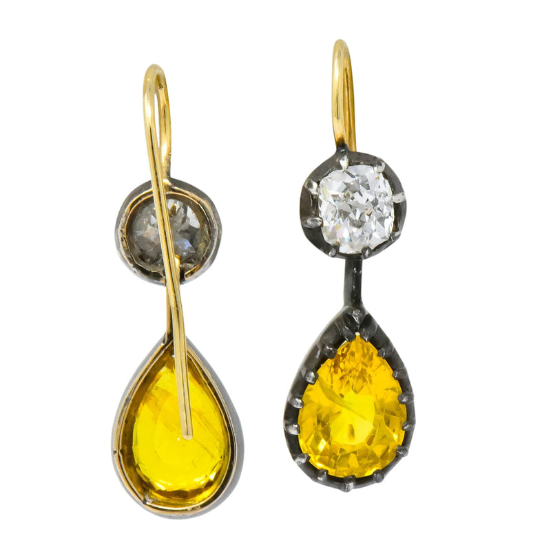 Early Victorian 1840's 5.30 CTW Sapphire Diamond Silver Gold Drop Earrings - Wilson's Estate Jewelry