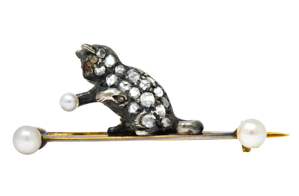 Early Victorian Diamond Pearl Silver-Topped 18 Karat Gold Cat / Kitten Brooch - Wilson's Estate Jewelry