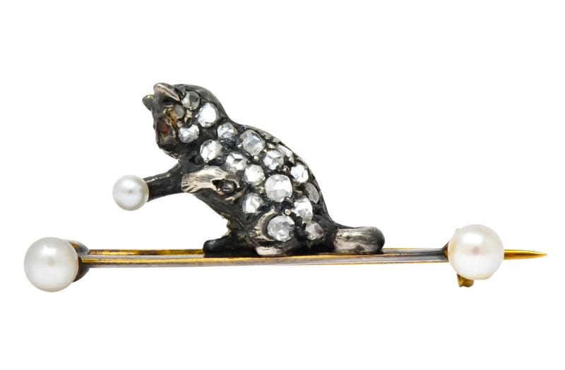 Early Victorian Diamond Pearl Silver-Topped 18 Karat Gold Cat / Kitten Brooch - Wilson's Estate Jewelry