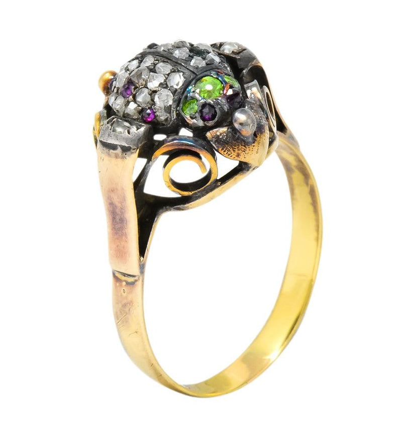 Early Victorian Diamond Ruby Demantoid Garnet Silver-Topped 14 Karat Gold Beetle Ring - Wilson's Estate Jewelry