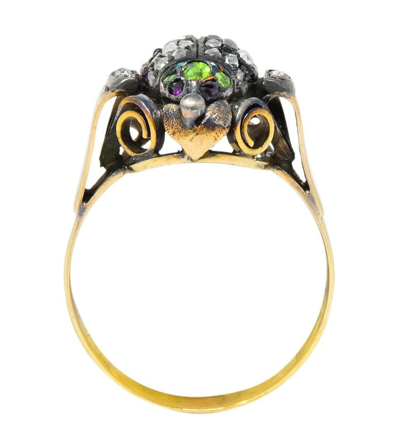 Early Victorian Diamond Ruby Demantoid Garnet Silver-Topped 14 Karat Gold Beetle Ring - Wilson's Estate Jewelry