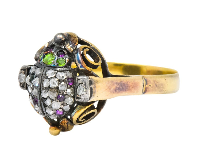 Early Victorian Diamond Ruby Demantoid Garnet Silver-Topped 14 Karat Gold Beetle Ring - Wilson's Estate Jewelry