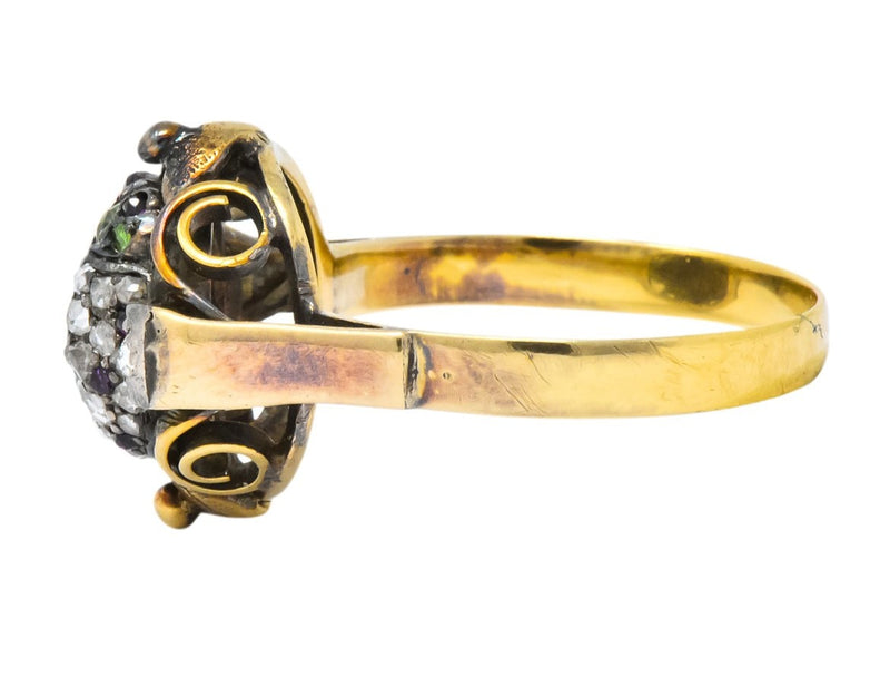 Early Victorian Diamond Ruby Demantoid Garnet Silver-Topped 14 Karat Gold Beetle Ring - Wilson's Estate Jewelry