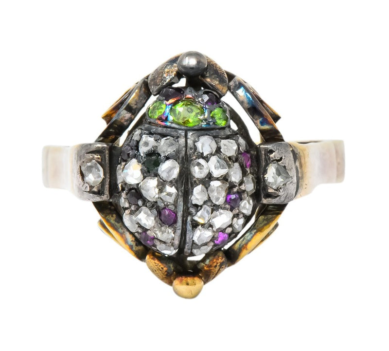 Early Victorian Diamond Ruby Demantoid Garnet Silver-Topped 14 Karat Gold Beetle Ring - Wilson's Estate Jewelry