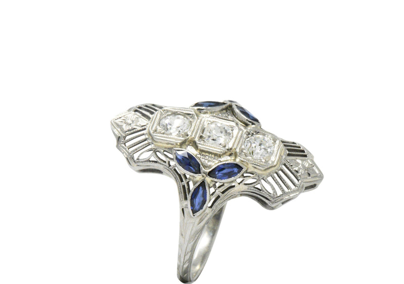 Edwardian 0.35 CTW Diamond Synthetic Sapphire 18 Karat White Gold Dinner Ring Wilson's Estate Jewelry